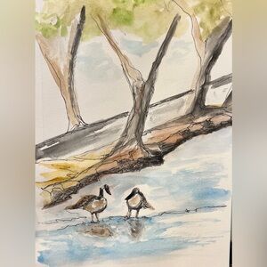 Hand painted original ink and watercolor painting wall art